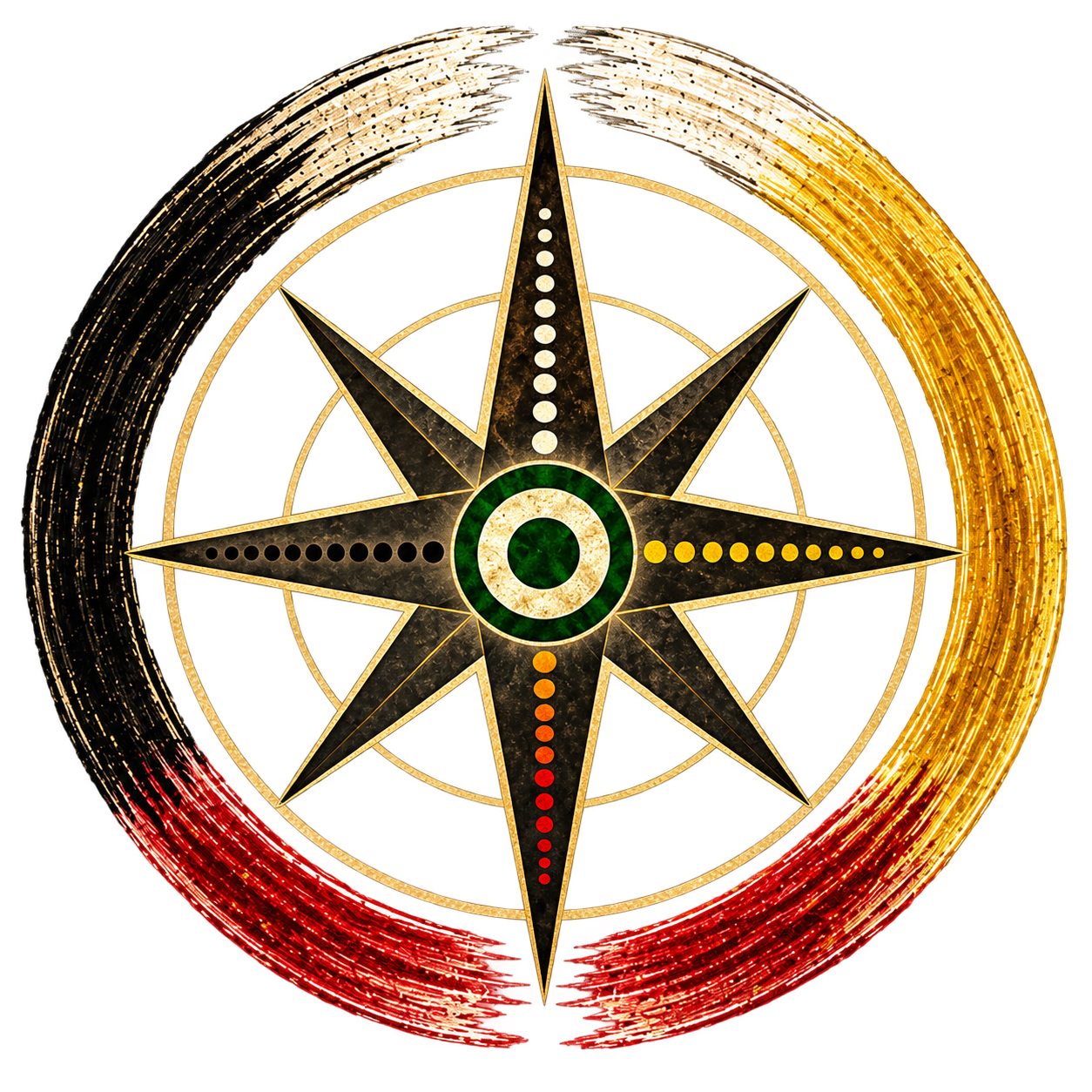 Four Shields compass: yellow East, red South, black West, white North and green Center